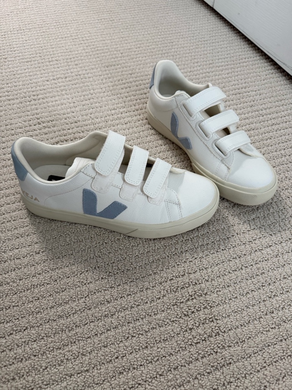 Veja White Leather Sneakers with Light Blue V Logo